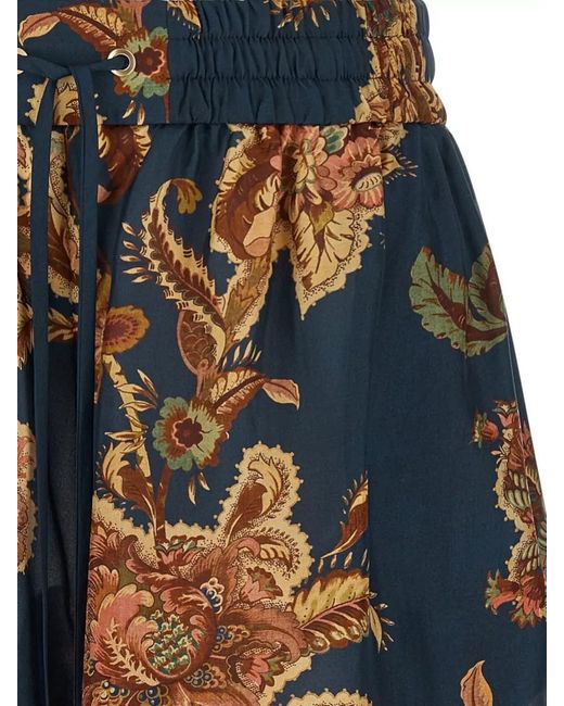 Zimmermann Blue Aster Shorts Elastic Waistband Floral Trim Pockets