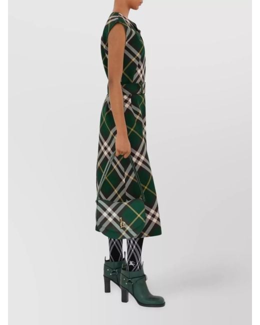 Burberry Green Wool V-Neck Sleeveless Belted Check Midi Dress