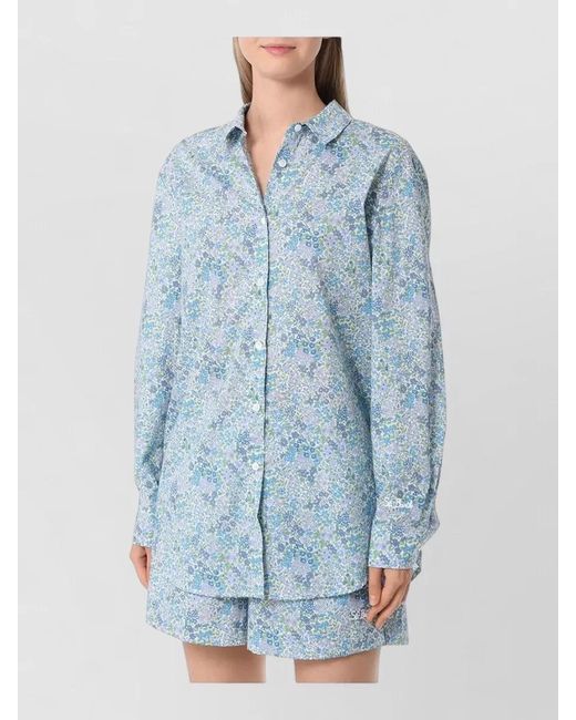 Mc2 Saint Barth Blue Shirt Collared Neck Floral Pattern Long Sleeves