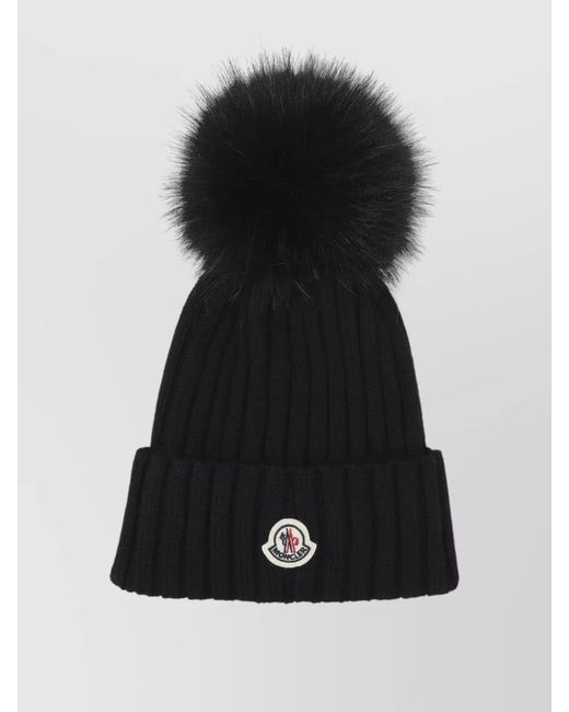 Moncler Black Wool Hat Folded Cuff Detachable Fur Pompom