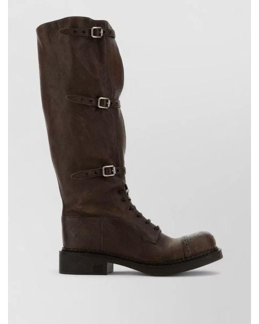 Miu Miu Brown Leather Lace Up Boots High Shaft