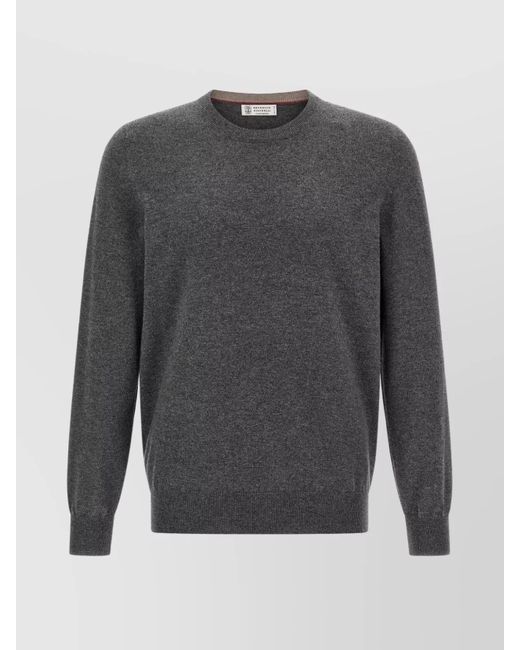 Brunello Cucinelli Gray Cashmere Crew Neck Sweater With Ribbed Cuffs And Hem for men
