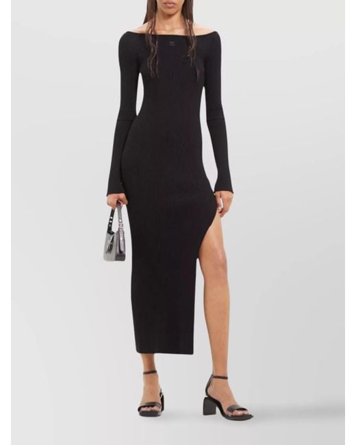 Courreges Black Ribbed Off-Shoulder Long-Sleeve Midi Dress