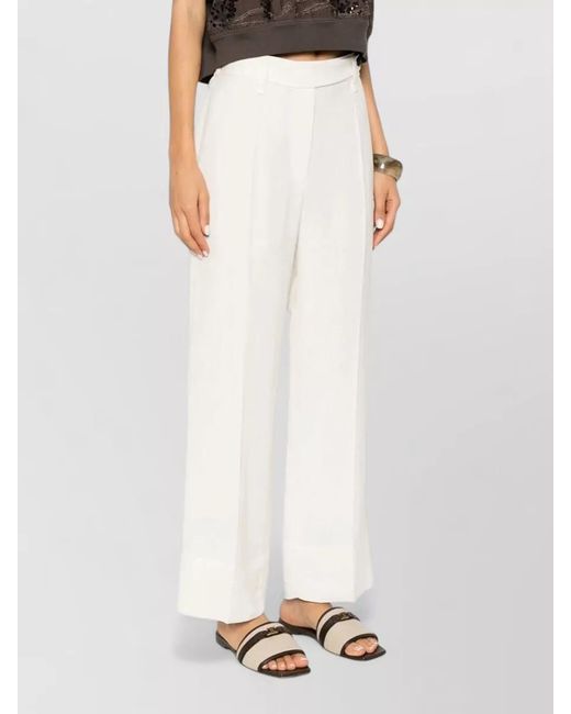 Brunello Cucinelli White Viscose Linen Cigarette Trousers Monili Detail