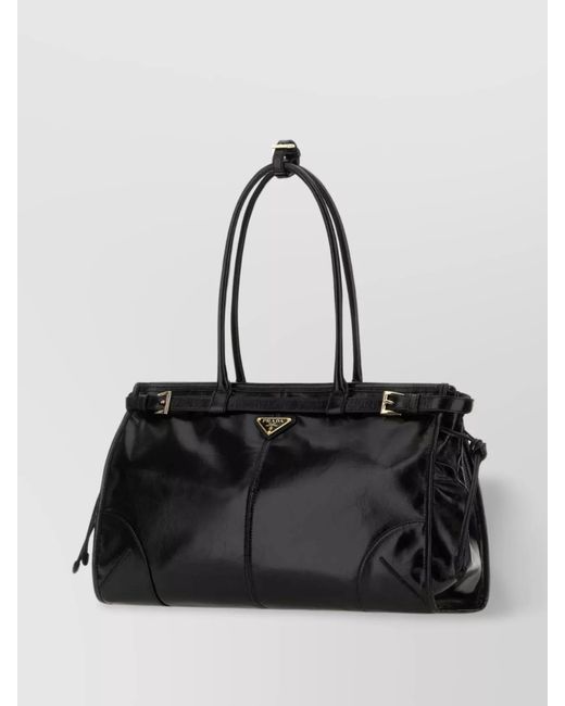 Prada Black Leather Shoulder Bag With Metal Hardware And Top Handle