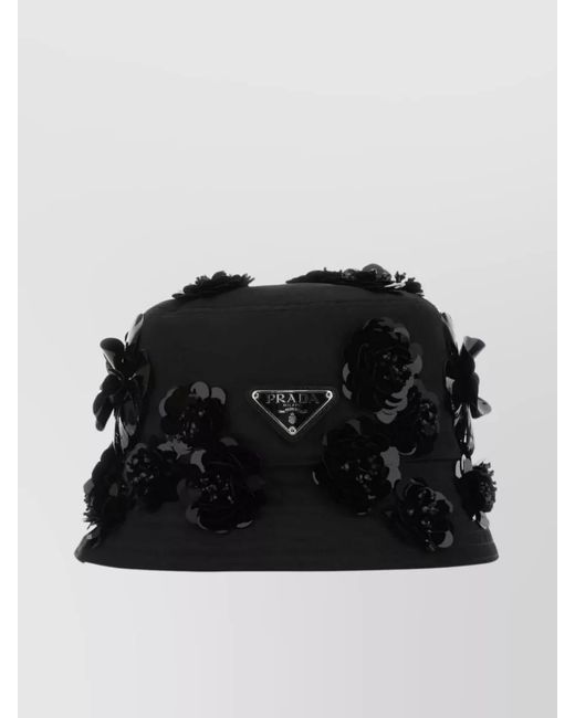 Prada Black Nylon Bucket Hat With Wide Brim And Floral Embellishments