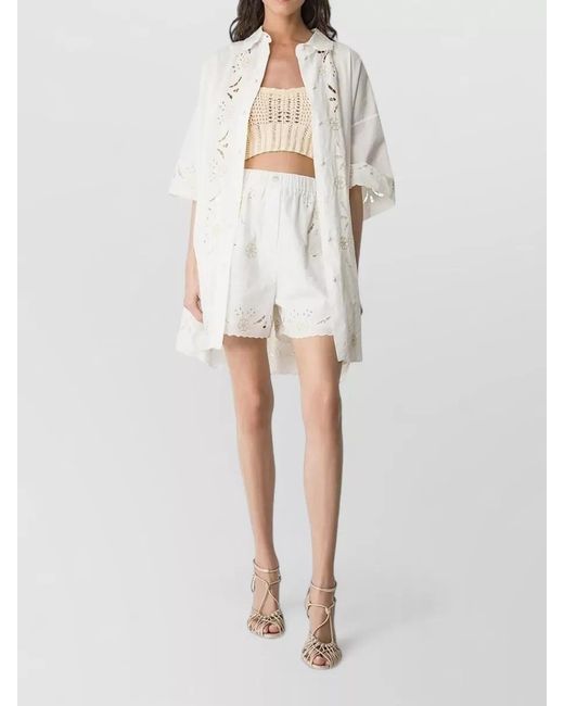Forte_forte White Cotton Shorts Eyelet Embroidery Scalloped Hem