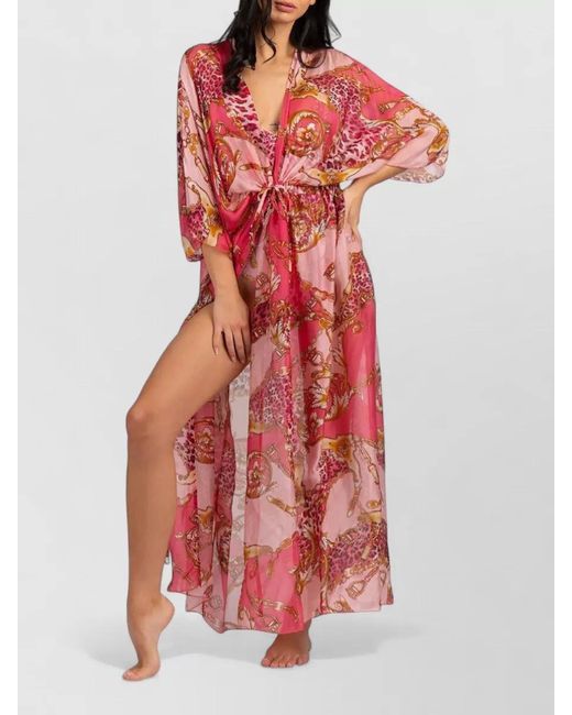 Guess Red Dress Bold Print Kimono Sleeves Sheer Waist Tie V Neckline