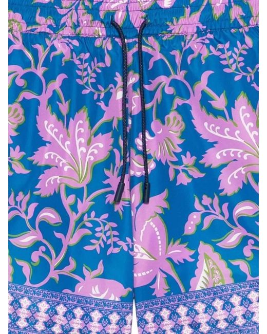Etro Blue Swim Shorts Floral Trim Elastic Waistband Pockets for men