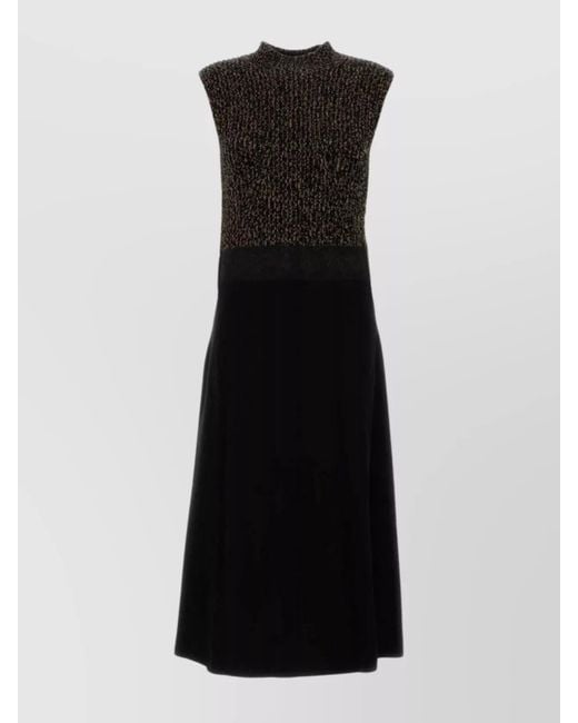 Prada Black Wool Cashmere Relaxed-Fit Ribbed Crew-Neck Flared Midi Dress