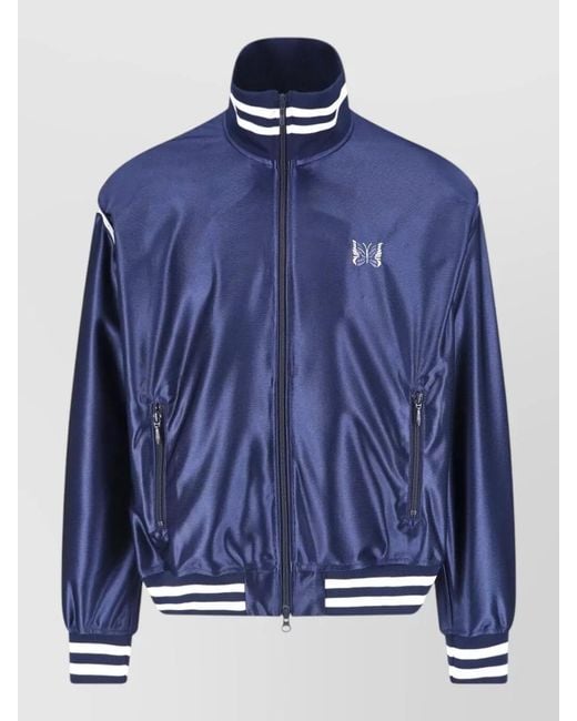 Needles Blue Jacket High Collar Striped Ribbed Cuffs Pockets for men