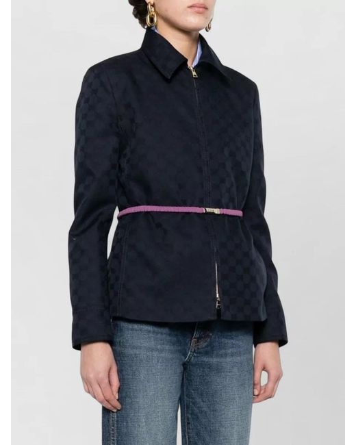 Gucci Blue Checkered Jacket Collared Neck Front Pockets