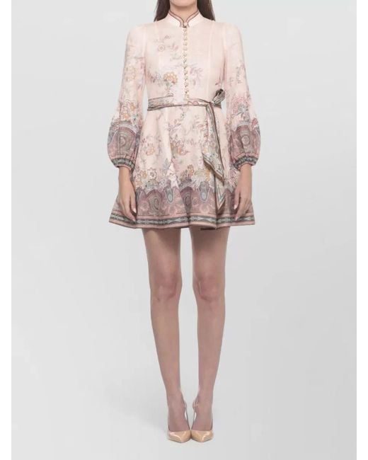 Zimmermann Pink Floral Linen Dress High Neck Belt