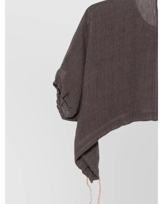 120% Lino Gray Cropped Blouse Puff Sleeves Keyhole Back Hem