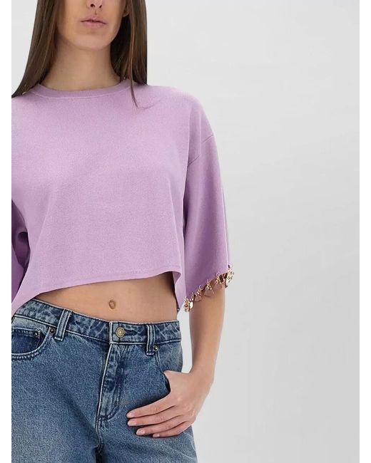 Rabanne Purple Knit Crop Top Round Neck Short Sleeves