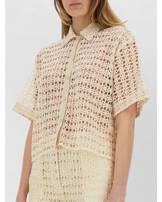 Alysi Natural Crochet Shirt Cropped Sheer Short Sleeves Collar