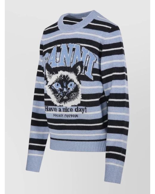 Ganni Blue Wool Graphic Jacquard Stripe Round Neck Long-Sleeve Jumper