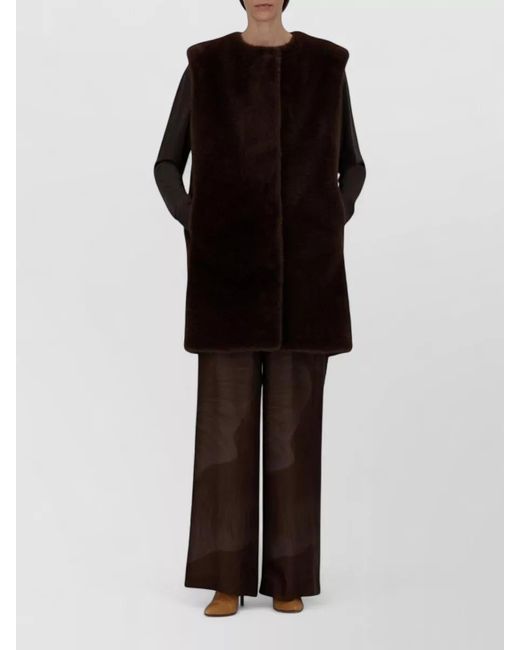 Herno Brown Sleeveless Mid Length Faux Fur Nylon Silk Coat