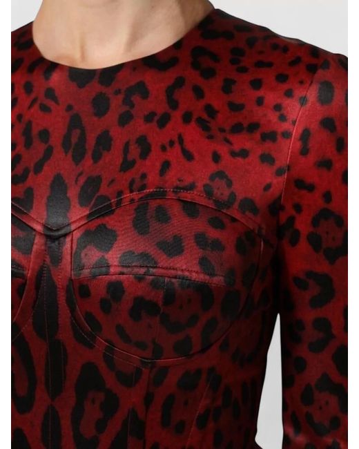 Dolce & Gabbana Red Leopard Print Long Sleeve Midi Dress