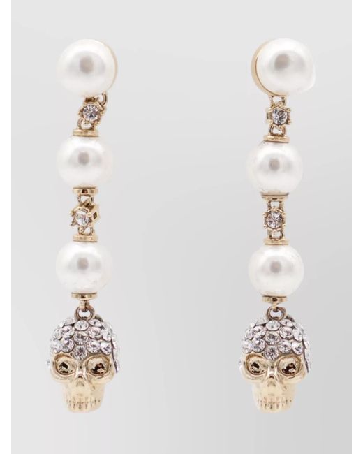 Alexander McQueen White Dangling Pearl Skull Crystal Earrings