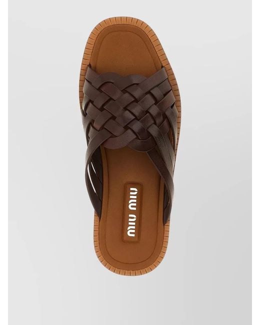 Miu Miu Brown Leather Woven Slides
