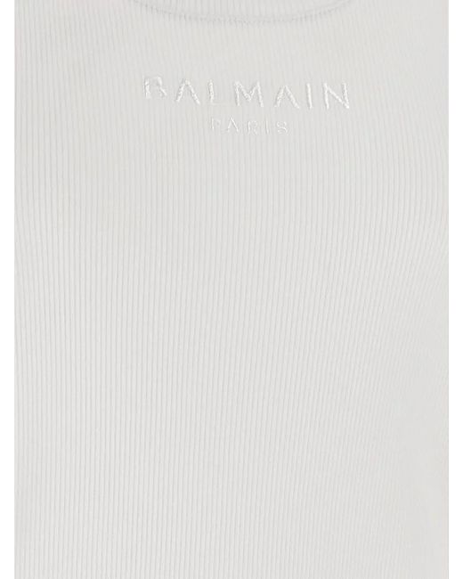 Balmain White Ribbed Cotton Tank Top
