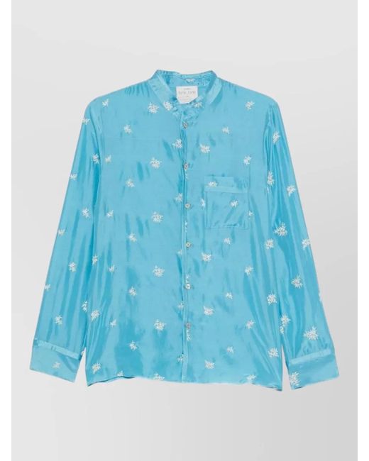 Forte_forte Blue Silk Shirt Floral Embroidery Long Sleeves Pocket