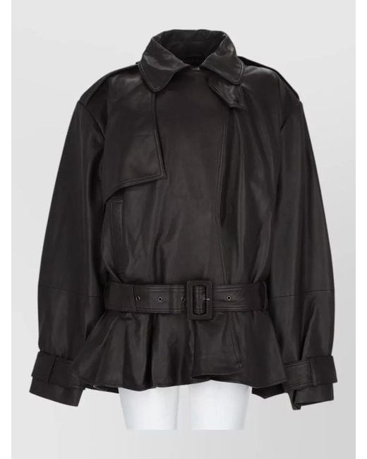 ROTATE BIRGER CHRISTENSEN Black Leather Biker Coat Belted Waist Epaulettes