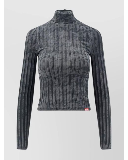 DIESEL Blue Stretch Cotton High Neck Long Sleeve Top