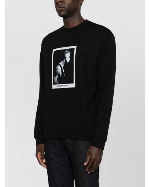 Emporio Armani Black Printed Cotton Crew Neck Sweatshirt for men