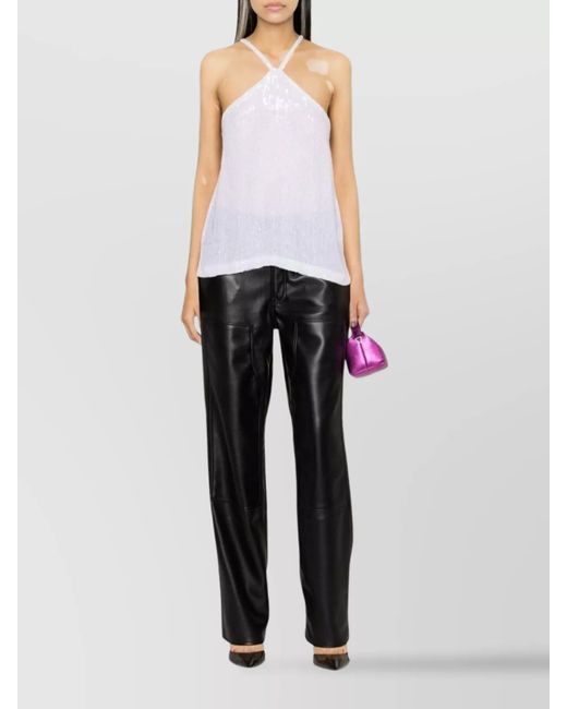P.A.R.O.S.H. White Sequined Halterneck Sleeveless Top