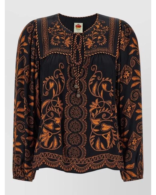Farm Rio Black Cornely Ainika Blouse Floral Embroidery Sleeves