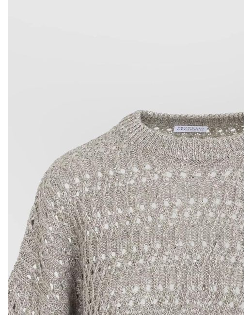 Brunello Cucinelli Gray Linen Openwork Sequin Crewneck Jumper