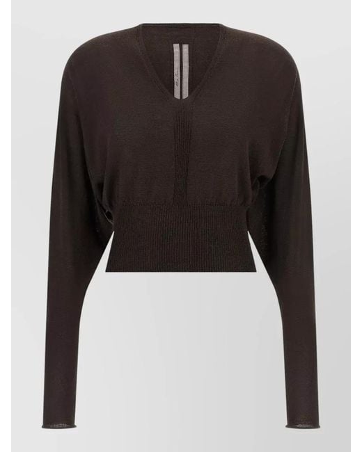 Rick Owens Black Cropped Knit Top V Neckline Long Sleeves