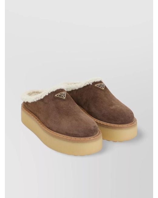 Prada Brown Shearling Trim Suede Mule Platform