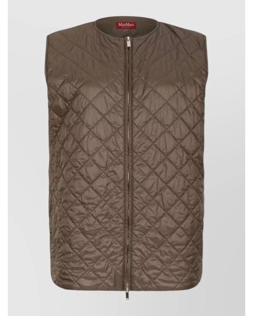 Max Mara Brown Quilted Vest Coat Long Sleeves Nylon Silk