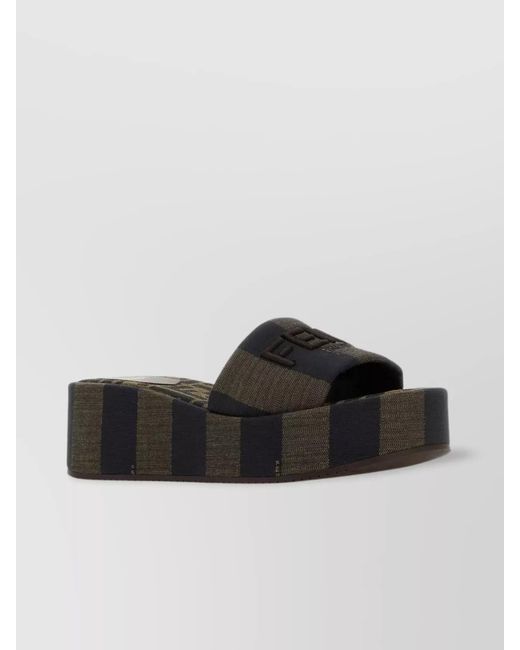 Fendi Black Canvas Logo-Embroidered Platform Slides