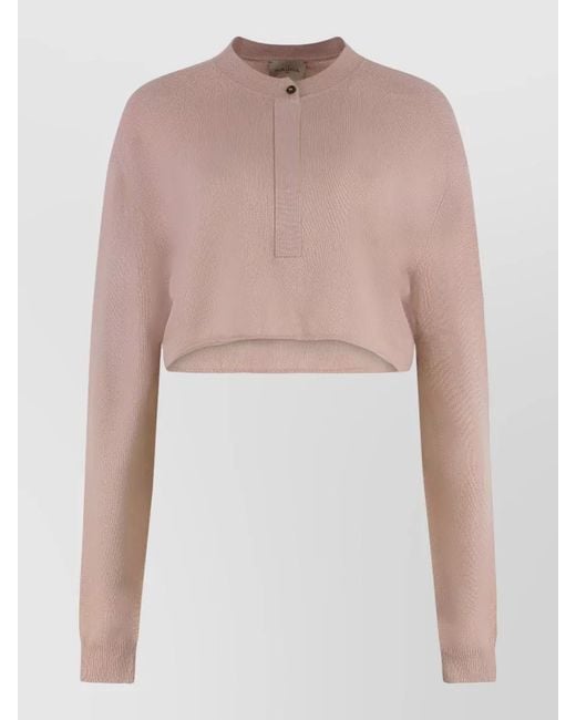 LeKasha Pink Cashmere Cropped Long-Sleeve Buttoned-Collar Knitted Top