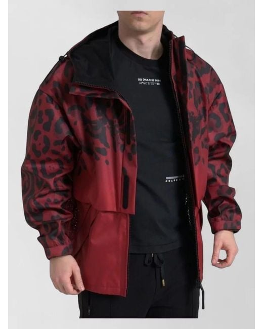 Dolce & Gabbana Red Leopard Hooded Rain Coat Jacket for men