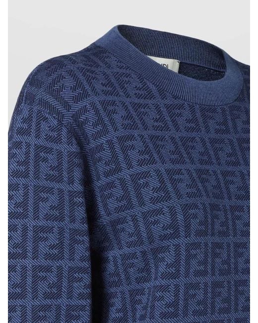 Fendi Blue Wool Silk Ff Crew Neck Jumper