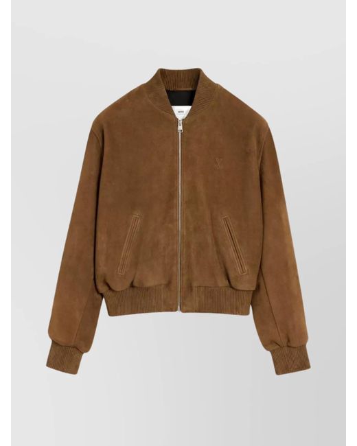 AMI Brown Suede Leather Ribbed Bomber Jacket for men