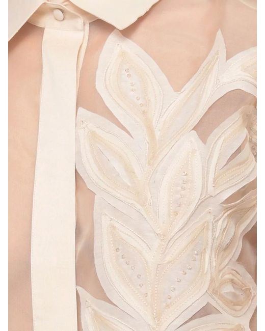 Antonelli Natural Silk Shirt Sheer Beaded Front Embroidery