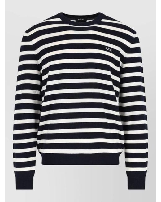 A.P.C. Blue Striped Crew Neck Top Ribbed Cuffs for men