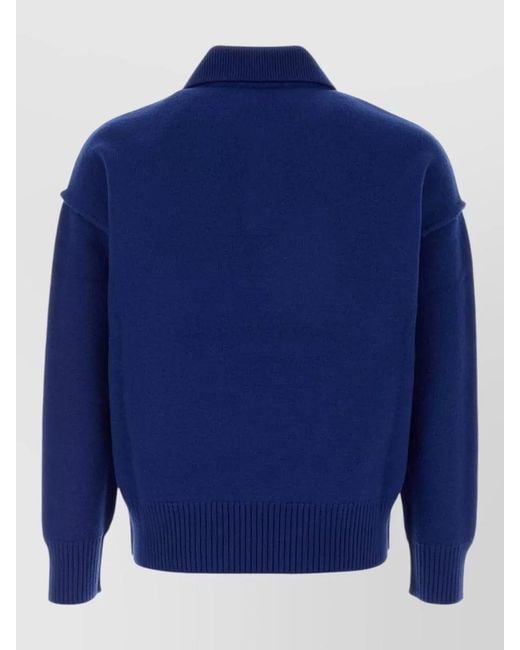 AMI Blue Long Sleeve Wool Polo Shirt Ribbed Hem for men