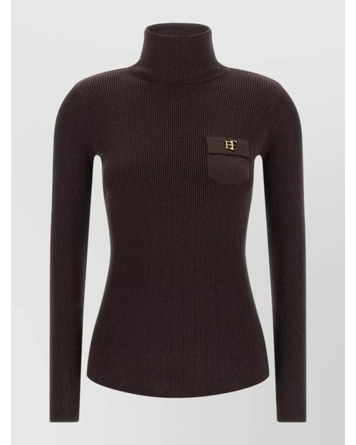 Elisabetta Franchi Black Knit Mock Neck Top Long Sleeves Pocket