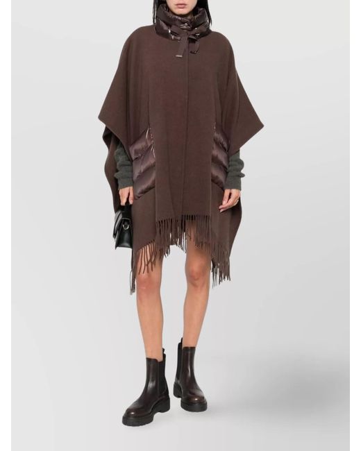 Herno Brown Fringed Poncho With High Neck And Hood