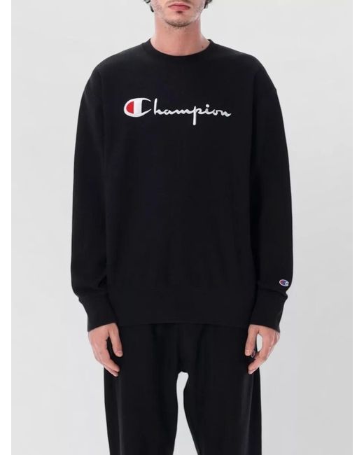 Champion Black Logo Crewneck Sweater Ribbed Cuffs Hem for men