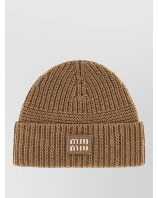 Miu Miu Brown Wool Blend Beanie Hat Ribbed Cuff