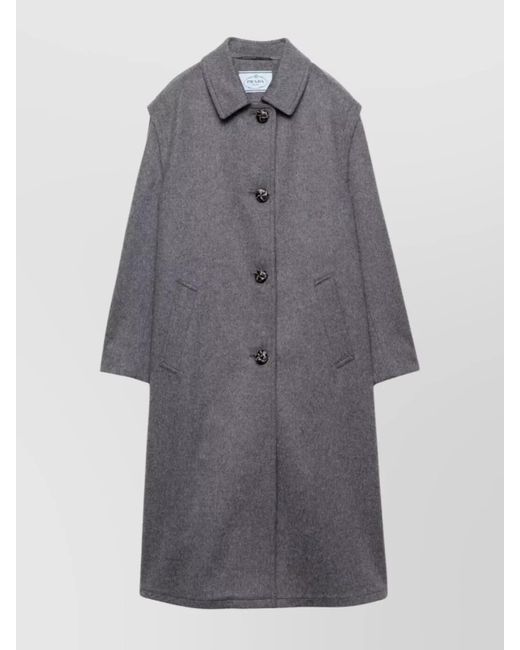 Prada Gray Long Loden Wool Coat With Fur Collar