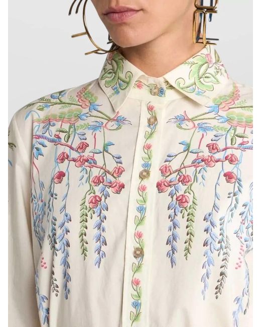 Etro White Floral Shirt Dress Long Sleeves Embroidery Belt
